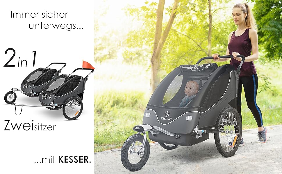 Дитячий велопричіп KESSER® 2в1 з поворотним механізмом 360° та амортизацією. Підходить для 1-2 дітей (до 40 кг). У комплекті прапор. Чорний / Антрацитовий