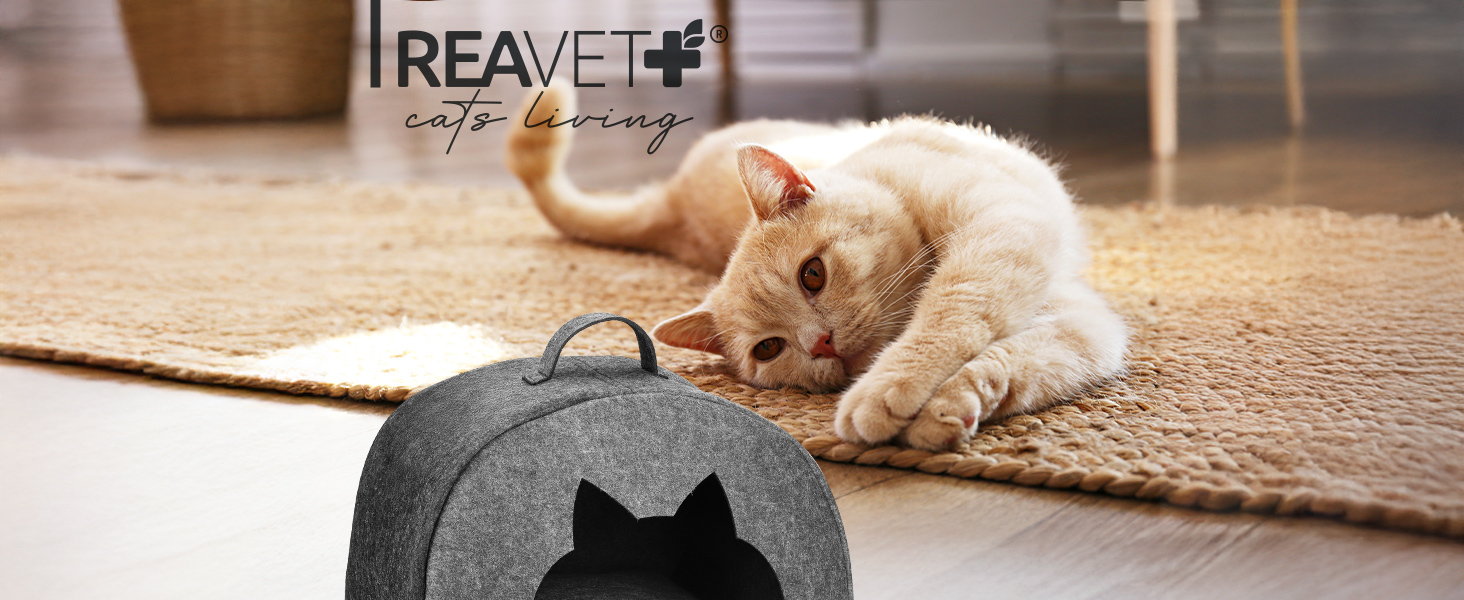 М'яке ліжко для котів ReaVET - зручне гніздище з подушкою | Місце для сну кота з подушками | Дуже м'яке та пухнасте | Ліжко для домашніх тварин з повсті для котів (Шнур-Оазис)