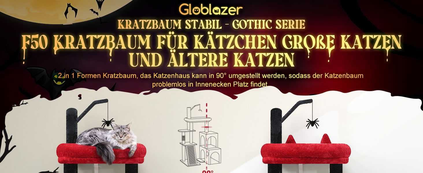 Драбина для котів Globlazer XL, готичний дизайн: 2 будиночки, велика база, обертова платформа, сизаль, іграшки, для дорослих котів