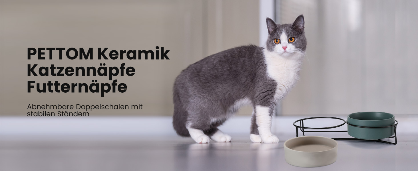 PETTOM Миска для котів піднята, миска для корму для котів, станція для корму, керамічна миска для їжі та води для котів та маленьких собак (Білий + Сірий) Білий+Сірий