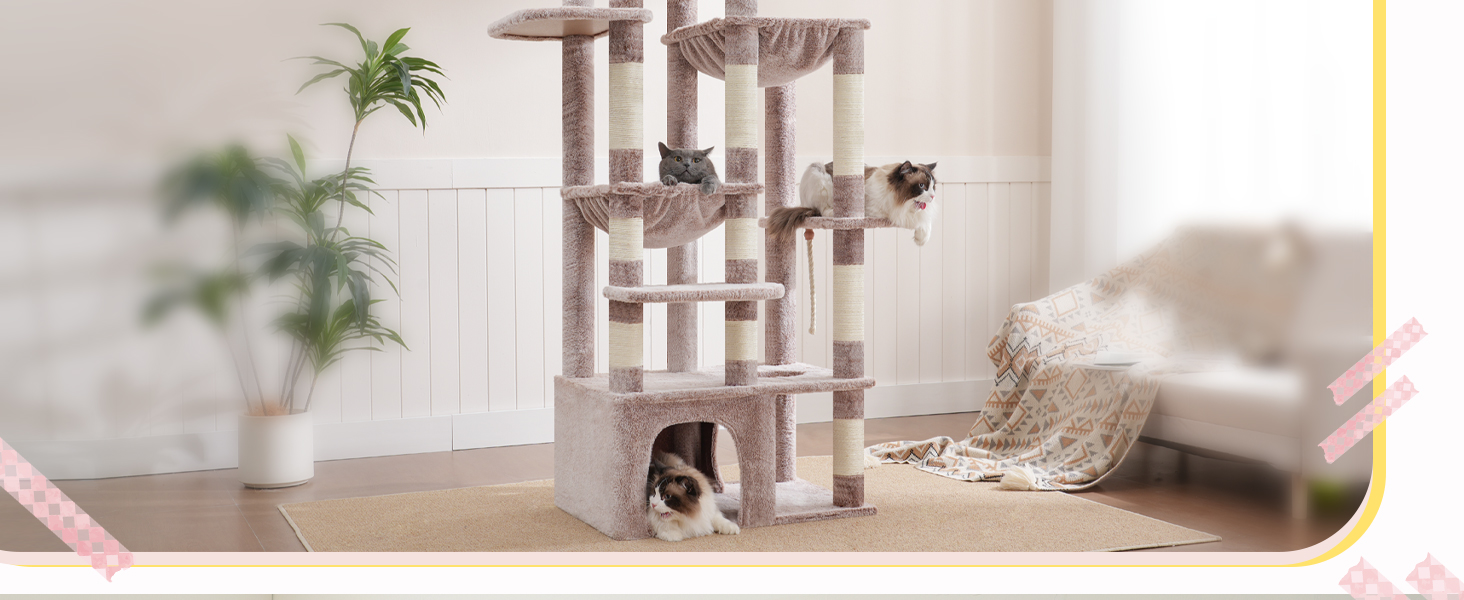 Кігтеточка Heybly Kratzbaum 180 см: велика, стійка, з будиночком, гамаками, для мейн-кунів та інших великих котів, коричнево-бежева