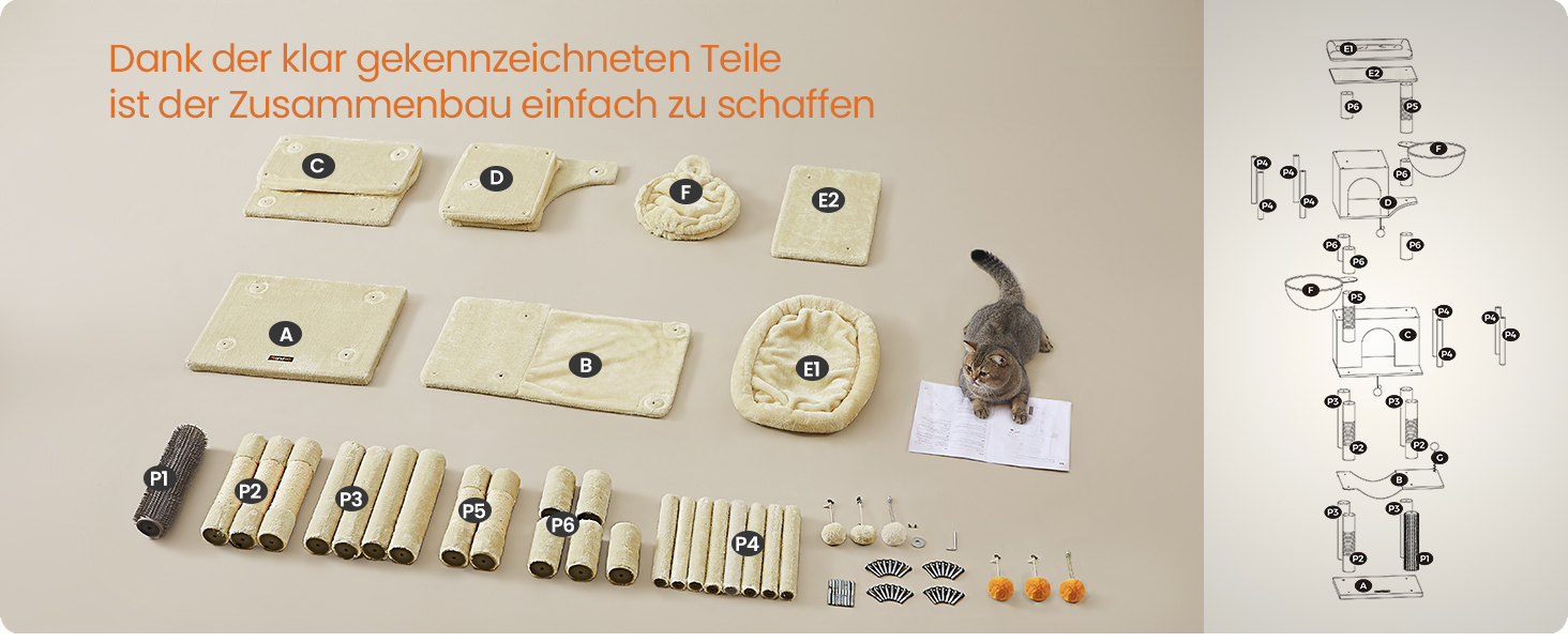 Дерев'яний будиночок для котів Feandrea, 175 см, XL, багатоярусний, з 2 будиночками, 2 лежаками, 5 стовпчиками для шліфування, щіткою для котів, великою платформою, пісочно-бежевий