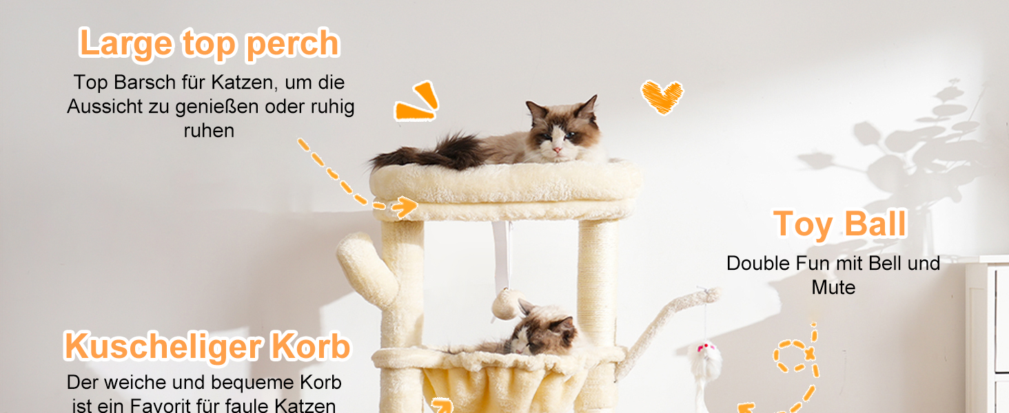 Котячий будиночок Heybly Kratzbaum: 100 см, з платформою, печерею, 2 гамаками та іграшками. Активний котячий будиночок, HCT006SW (Бежевий)