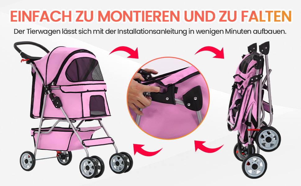 Візок для собак FDW, складаний, для котів та собак, з обертовими колесами на 360°, з кошиком для зберігання, подушкою та сітковими віконцями, утримувачем для напоїв, до 15 кг, рожевий