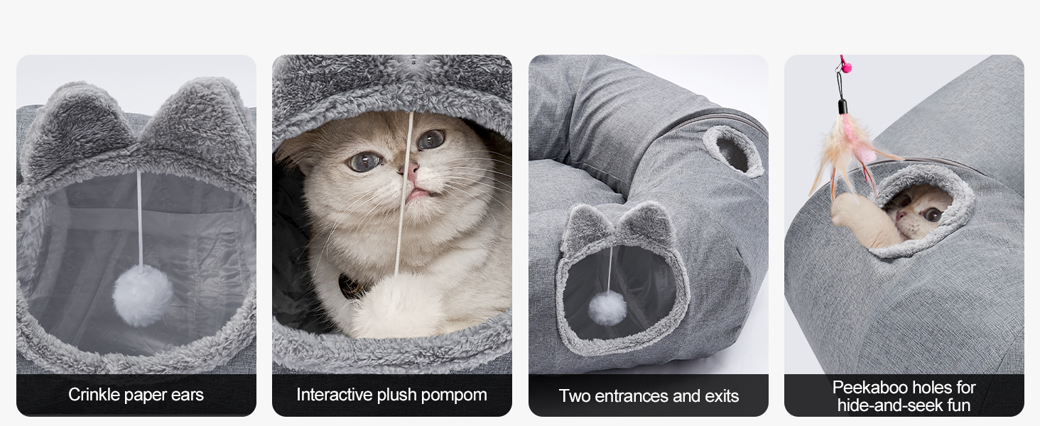 Туннель-ліжко для котів Odoland з м'яким лежком, інтерактивна іграшка з кулькою та шурхотливим тунелем для кошенят, кроликів, цуценят та інших дрібних тварин