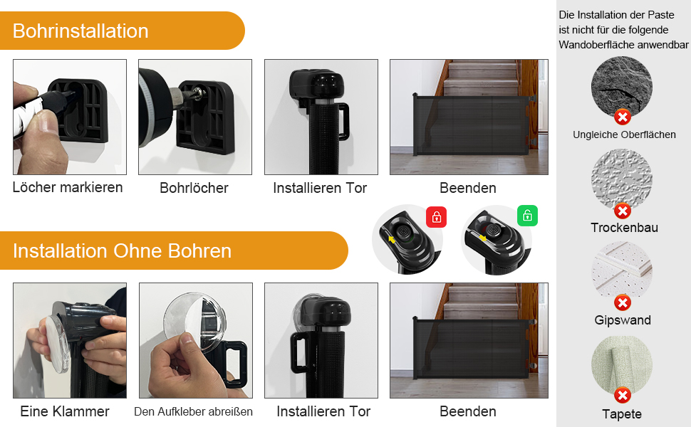 Захист для сходів з замком, розтяжний захист для дітей та собак, ширина 150 см, висота 83 см (140 см/білий, без свердління, автоматичний замок)