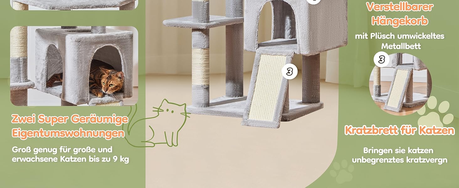 Кігтеточка Taoqimiao 193 см, велика, XXL, з будиночками, гамаком, кошиком та 7 стовпчиками для дряпання, MS047G, сірий колір