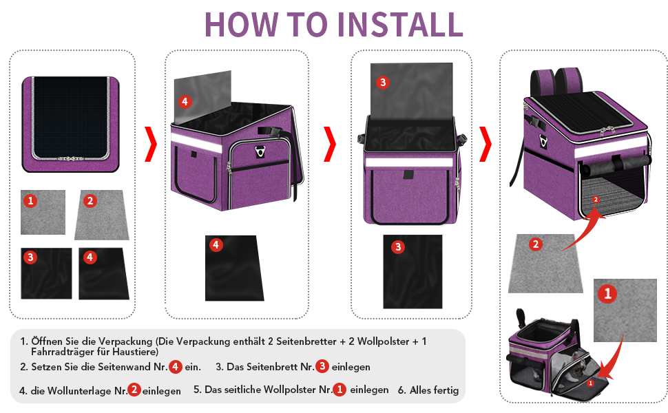 Сумка на велосипед для тварин (собаки, коти), рюкзак для домашніх улюбленців з сіткою, складана переноска для собак та котів до 6 кг (фіолетовий, 53 x 29 x 33 см)
