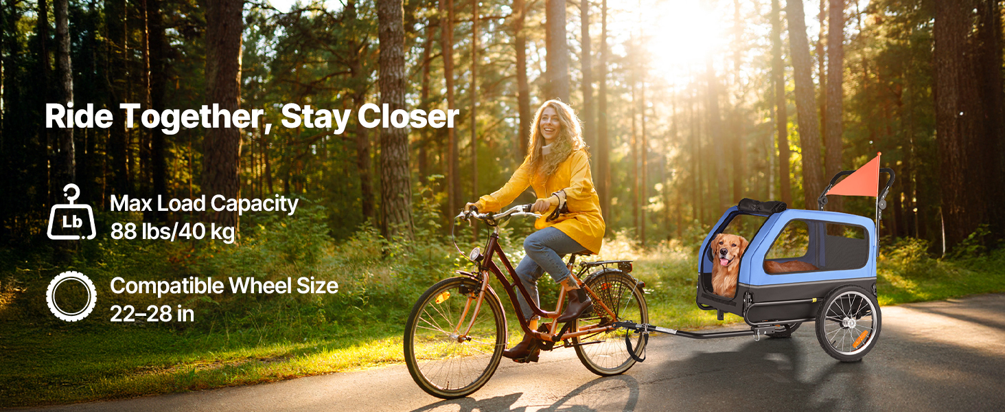 Причіп для собак VEVOR до 40 кг, 2-в-1, для маленьких та великих собак, з розкладним каркасом, універсальний з'єднувач, з прапорцем, внутрішній поводок, 1380x755x800 мм