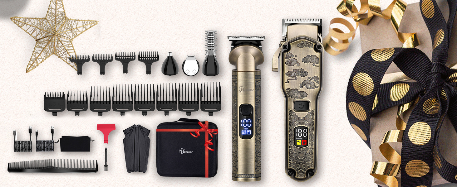 Електричний триммер Hatteker для чоловіків: професійний набір для стрижки бороди, волосся та тіла. Вологостійкий, з T-подібною насадкою, бронзового кольору