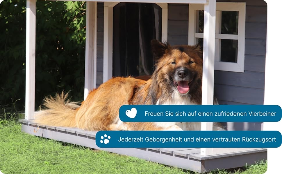 Будка для собак SunnyDogs з масивного дерева | Тепла та водовідштовхуюча будка з дахом та терасою | Розміри: 130 x 118 x 108 см