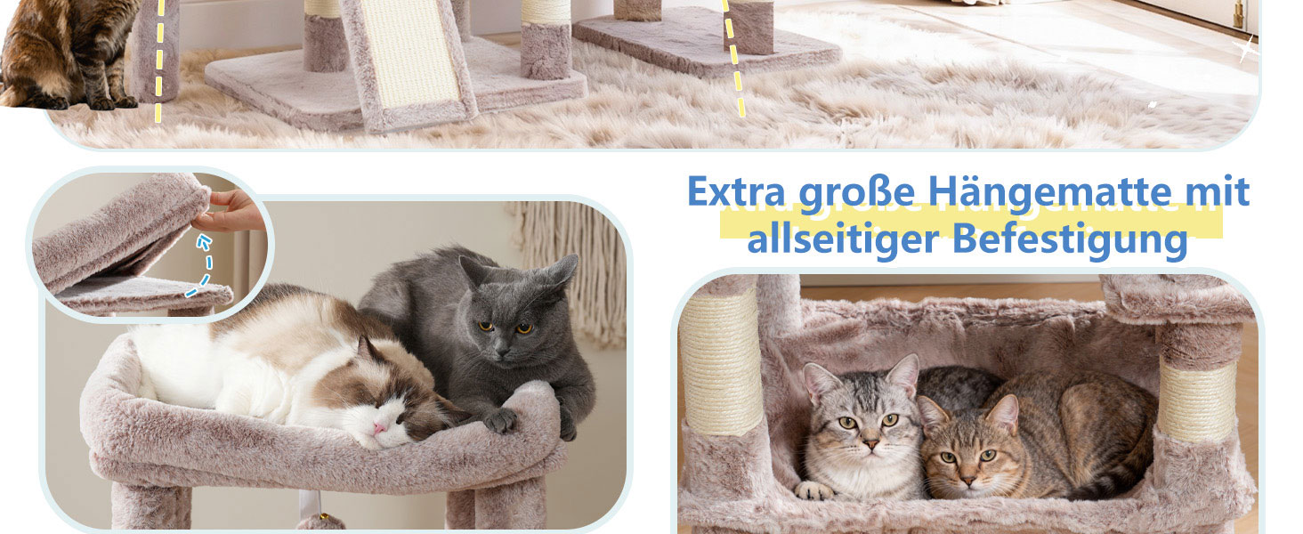 Котячий будиночок Hey-brother Kratzbaum з великими платформами для великих котів, 127 см, з драбиною, 2 печери, гамак, сизаль, кошик, MPJ071W (пісочний)