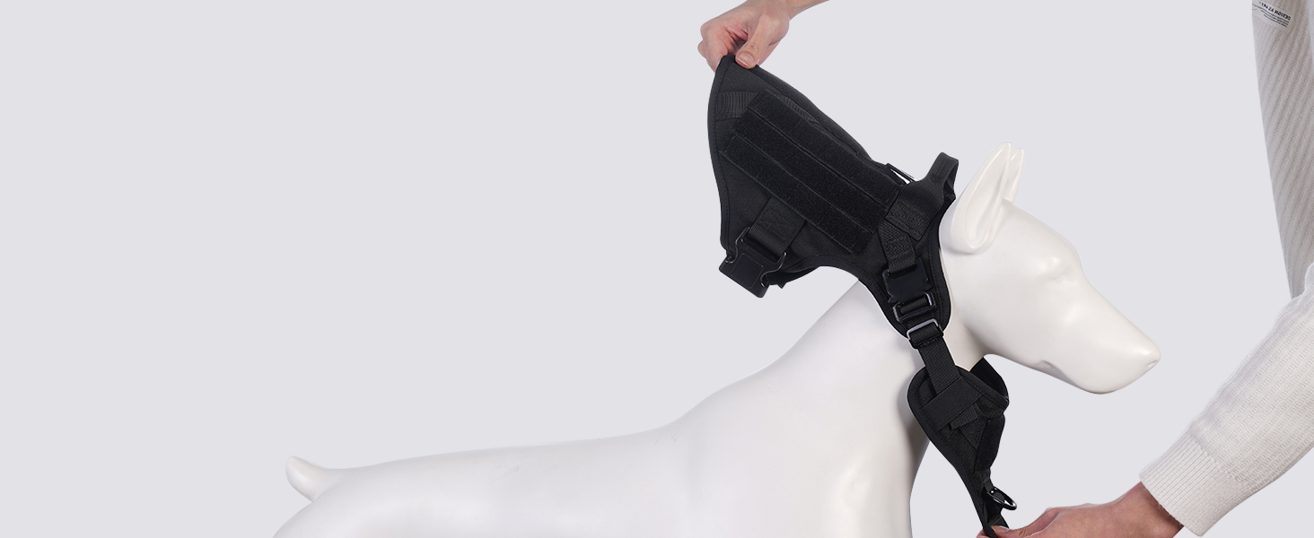 Шлейка для собак Rabbitgoo великих порід, без натягу, тактична з MOLLE, металеві пряжки, дихаюча, військова, чорна, L