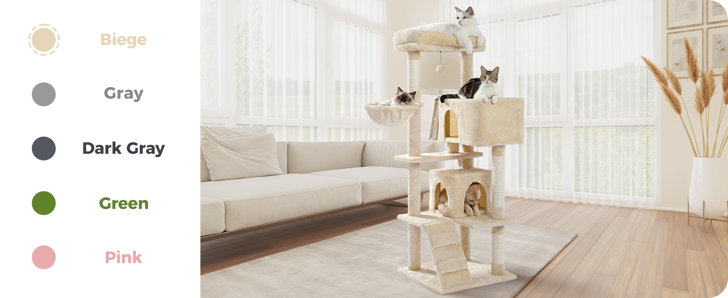 Кігтеточка PETEPELA 143 см з знімним подушкою, кігтеточними стовпчиками, двоповерховим будиночком для котів – велика, для великих котів, зелена (бежева)