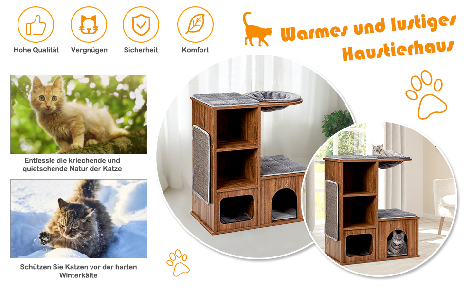 Клітка-кігтеточка для котів Costway з будиночком та килимками, дерев'яна, 69x39x80,5 см