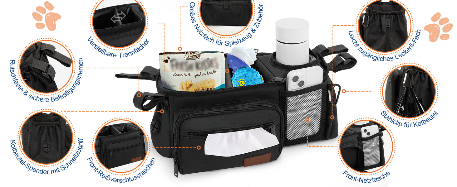 Органайзер для дитячої коляски та собак, сумка-органайзер для аксесуарів для собак з дозатором пакетів для екскрементів, кишенькою для ласощів та тримачем для чашки, сумісний з ручками 35–48 см, подарунок для любителів тварин, чорний