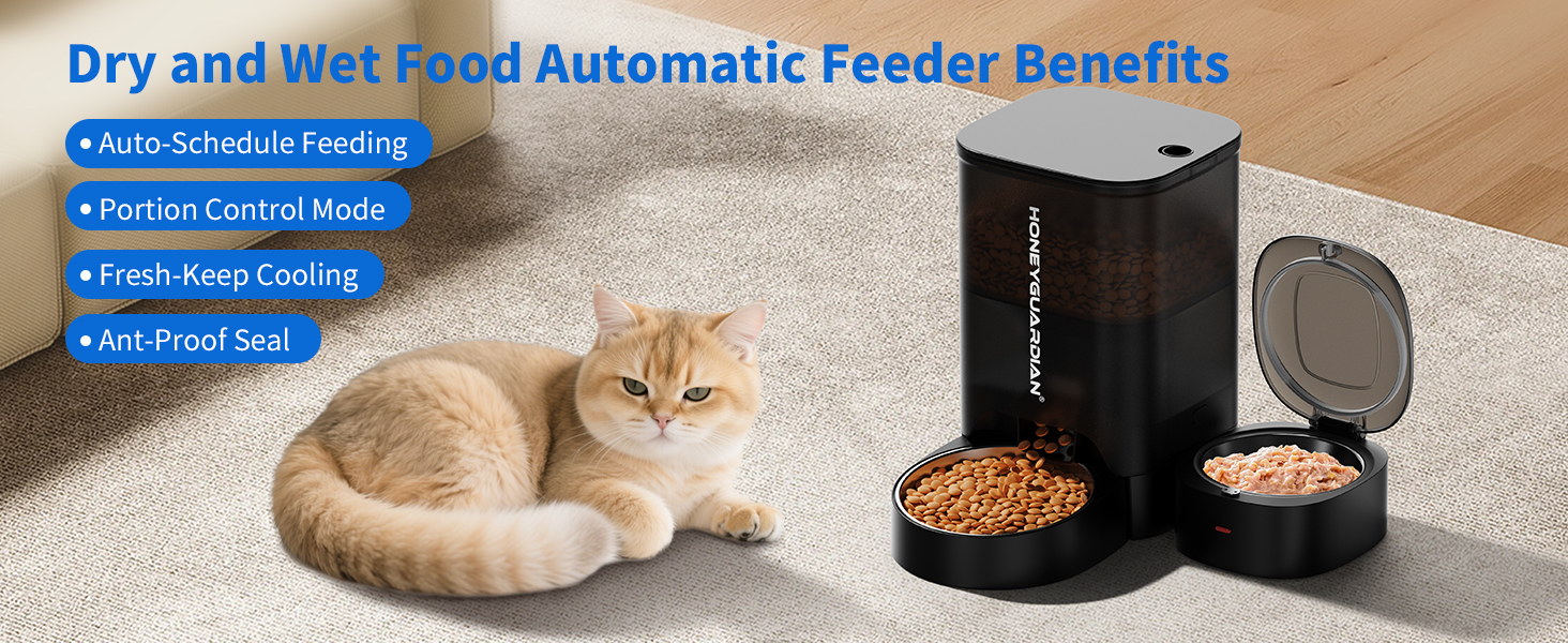 Автоматичний годівниця для котів HoneyGuaridan 2-в-1 з Wi-Fi, для сухого та вологого корму, з охолодженням та сухим мішечком, чорний