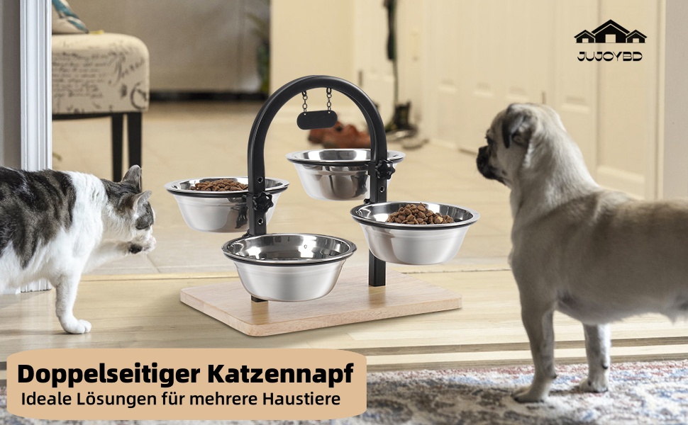 Підвищений годівниця для котів JUJOYBD з 4 нержавіючими мисками, регульована висота, станція годування, миски для їжі та води для котів та маленьких собак