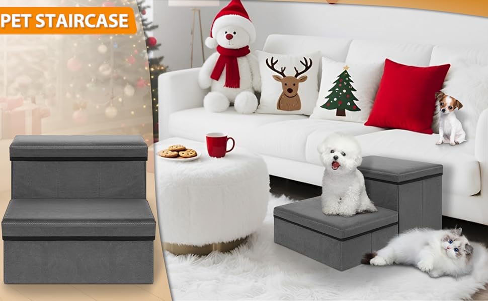 Сходинки для собак зі зберіганням, 2 сходинки, складані, широкі, антиковзні, для собак та котів, сірий, 60×40×30 см