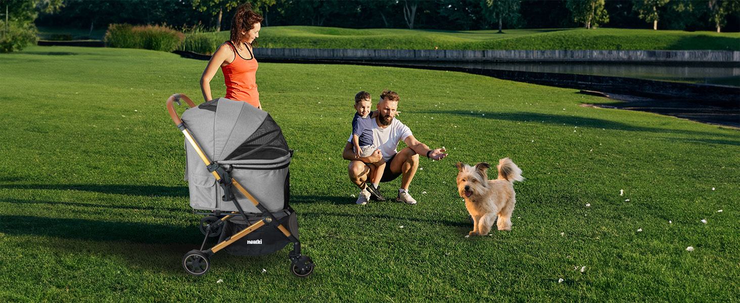 Складаний візок для домашніх тварин для собак та котів, сірий, 70x50x103 см, вантажопідйомність 15 кг, поворотні передні колеса на 360°, складання в один клік, гальмо, страхувальні кліпси, знімне м'яке сидіння