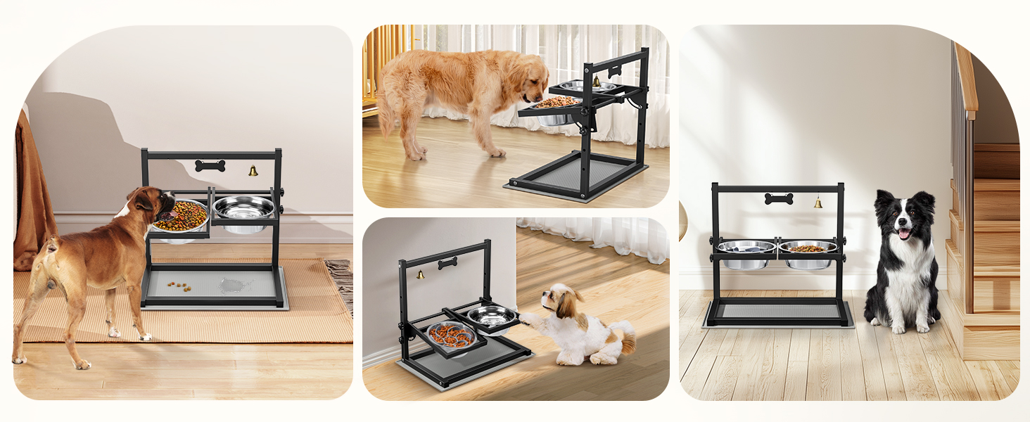 Підвищена годівниця для собак Sunowl, регульована по висоті та куту нахилу, 0-90°, 2 миски з нержавіючої сталі, повільне годування, не проливається, з килимком