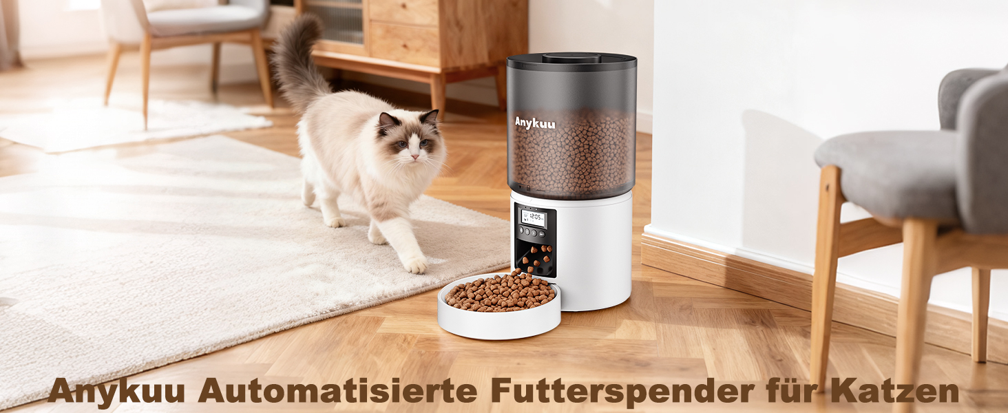 Автоматичний годівниця для котів та собак Anykuu 4L з таймером та контролем порцій. Автоматичний диспенсер для сухого корму з функцією запису (10с) для маленьких та середніх тварин, білий