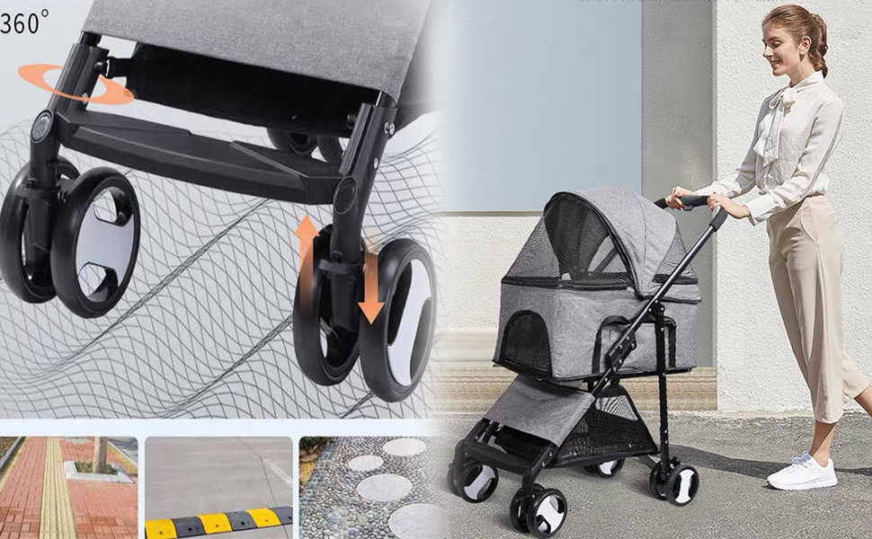 Візок для собак та котів, сірий, до 20 кг, з поворотним колесом та гальмом
