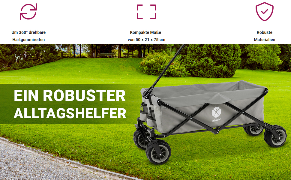 Складаний візок Miweba MB-30 | Вантажопідйомність 120 кг - для дітей, саду, пляжу | Сірий