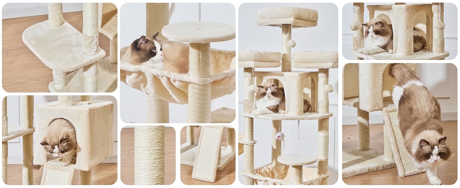 Дерев'яний комплекс для котів Taoqimiao 193 см, великий, з будиночками, лежаками, гачком та когтеточками (MS047G, сірий/бежевий)