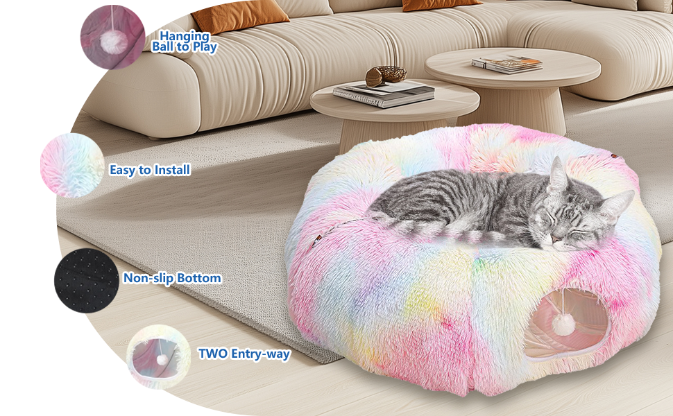 Туннель для котів, великий, з місцем для сну та лежаком, 2 входи, котяча печера, підвісні кульки, тунель для кота, кольоровий