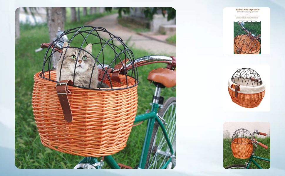 Корзина для собак на велосипеді Kenanlan, корзина-переноска для тварин, плетений велосипедний кошик для маленьких собак та котів, передня корзина з кришкою з дрібного прута, колір медовий