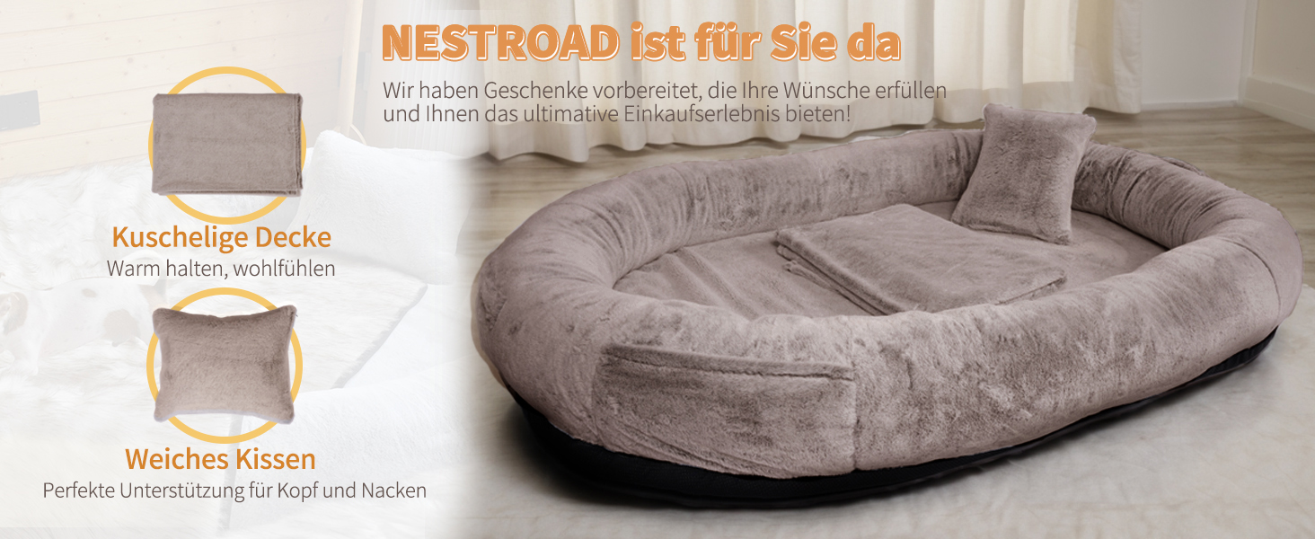 Ліжко для собак та людей NESTROAD, 180x114x35 см, знімний чохол з штучного хутра та ковдрою, велике ліжко-мішок для відпочинку, колір: верблюжий