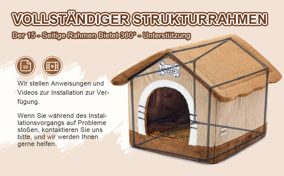 Будка для собак Jiupety, XL, 51x46x46 см, коричнева. Зручне ліжко-будка для собак вагою 7-14 кг, для дому