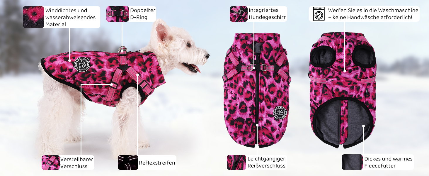 Водонепроникна куртка для собак на зиму з інтегрованим шлейкою та блискавкою. Теплий зимовий костюм для цуценят з леопардовим принтом, червоний (M)