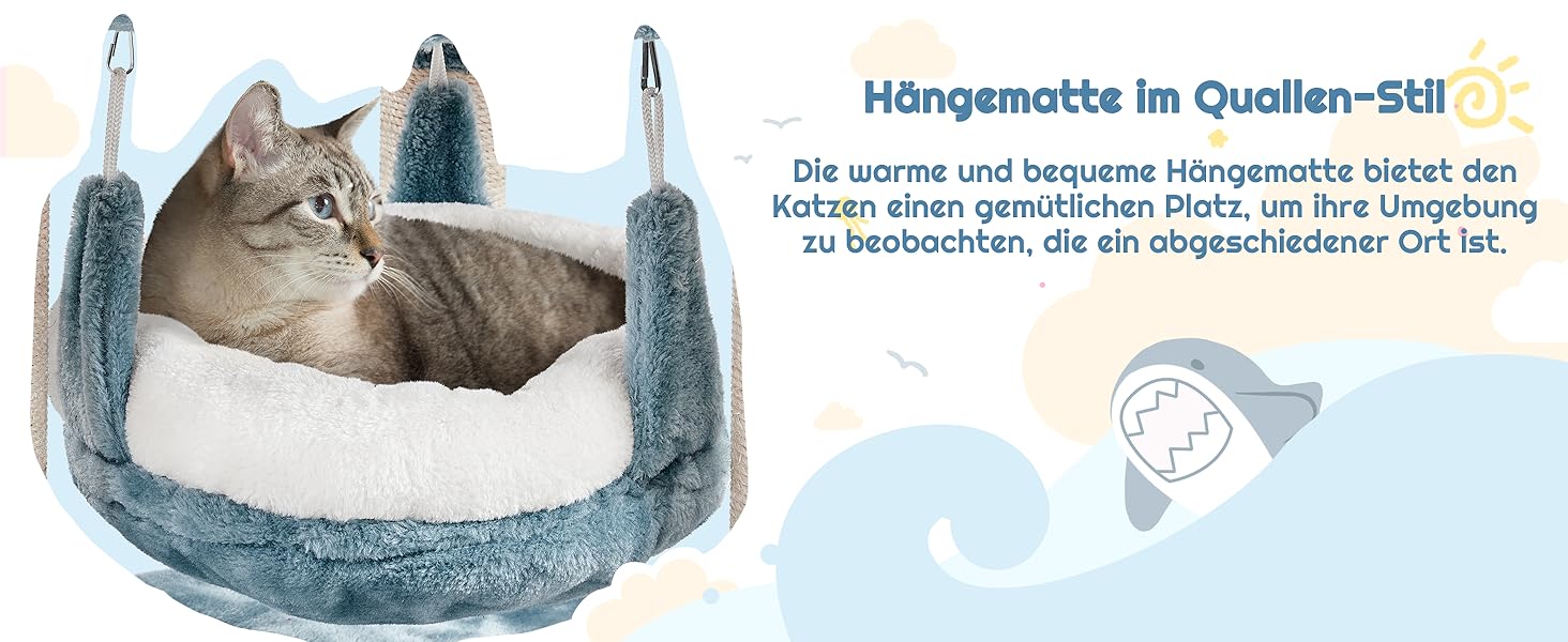 Котячий комплекс Yaheetech Meer Kratzbaum, великий, сучасний дизайн 'Океан', з гамаком та мотузкою з сизалю, 115 см, блакитно-білий