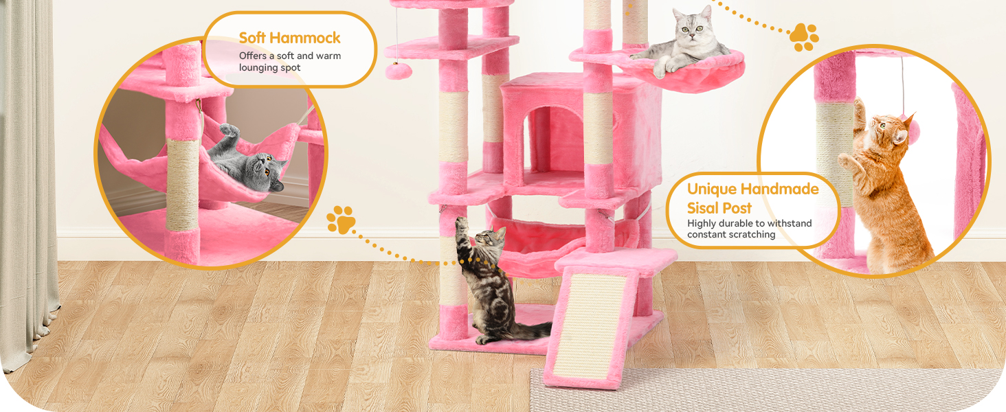 Кігтеточка YITAHOME для котів, велика, 190 см, з 8 стовпів з сизалю, 3 платформи, 2 печери, кошик, гамак, м'ячики, дошка для шліфування кігтів, рожева
