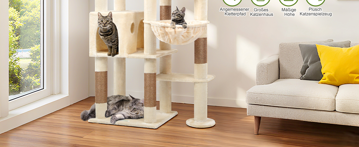 Дерев'яний комплекс для котів Globlazer XL, 167 см, бежевий: будиночок, когтеточка, платформа, іграшки для котів. Стабільний для 2-4 котів