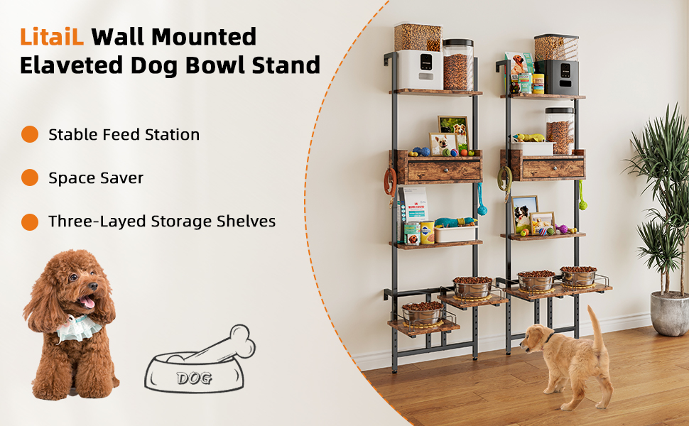 Підвищена годівниця для собак LitaiL з місцем для зберігання та двома антиковзними килимками, для великих собак, регульована висота, кріплення на стіну, колір вінтажний коричневий