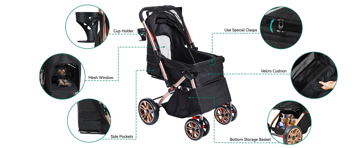 Візок для собак YITAHOME, чорний, для маленьких собак, з обертовим ручками, сітчастими вікнами та гальмами