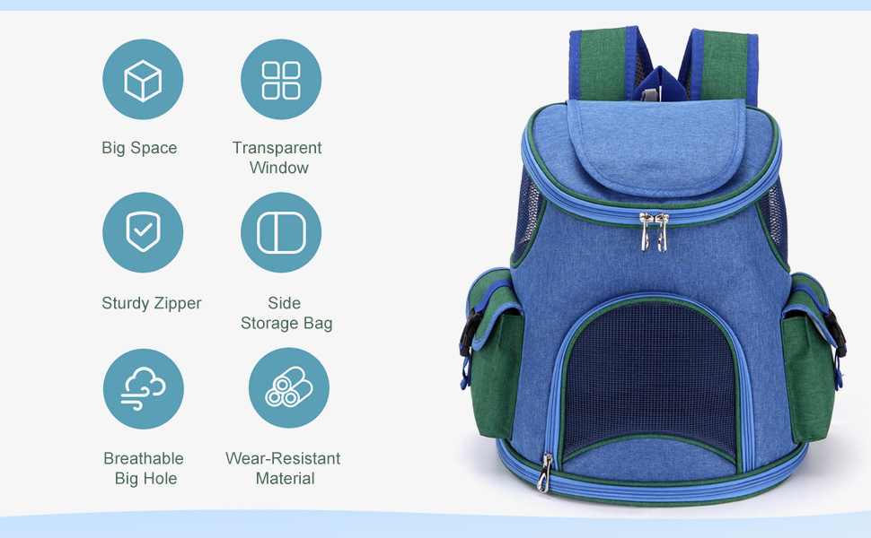 PETCUTE Рюкзак-переноска для собак і котів, дихаючий, знімний килимок, безпечна повідка, для подорожей, походів, кемпінгу, до 6 кг, блакитний + рожевий