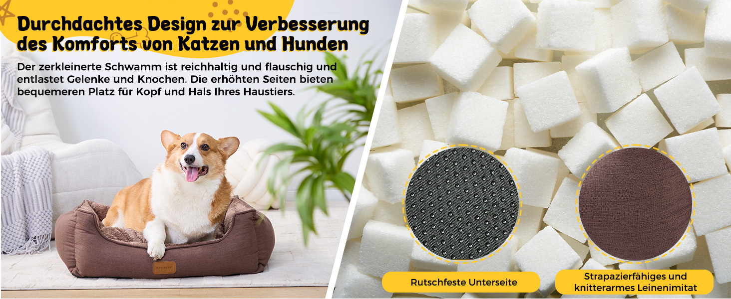 Ортопедичне ліжко для собак маленьких та середніх порід, 52x41x16 см, м'яке та зручне, кошик для собак з високим бортиком, знімний та пральний чохол, неслизьке, для дому та авто (темно-коричневий, S)