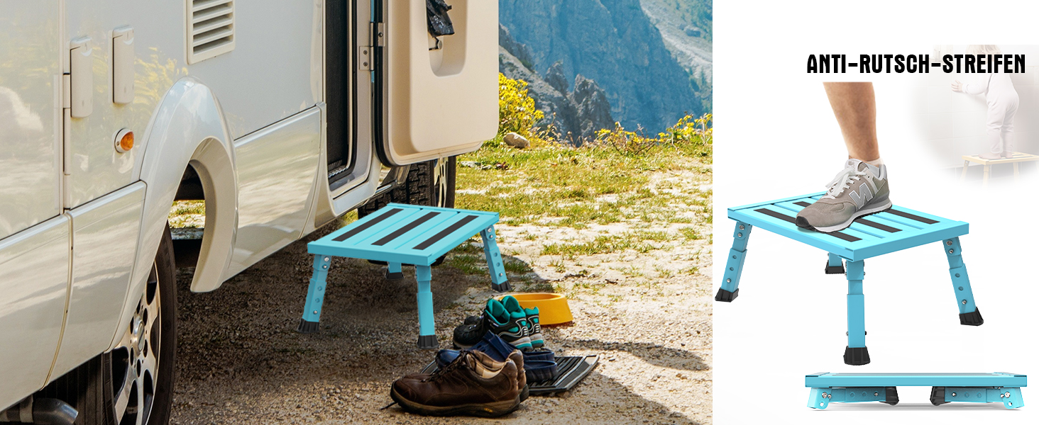 Алюмінієва розкладна сходинка-підставка, 300 кг, 3 сходинки, регульована висота, широка антиковзна поверхня, для автодому, саду та сходинок для собак, легка та складна (Блакитна)