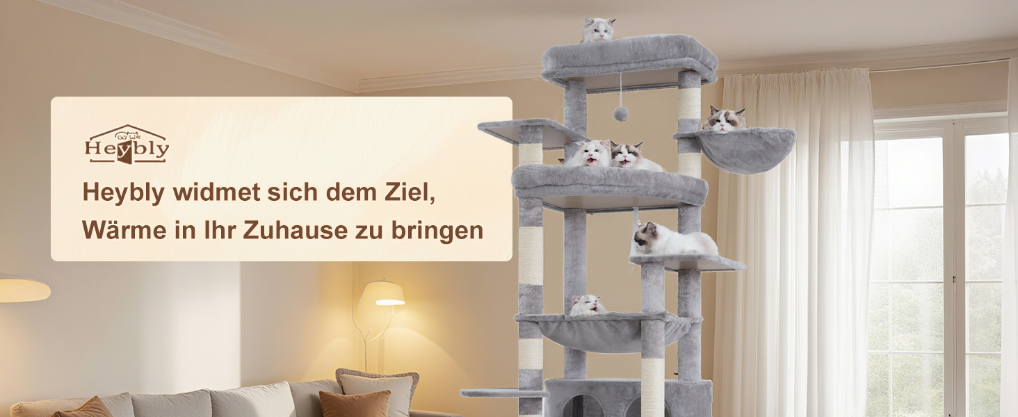 Кігтеточка Heybly для котів, 202 см з 2 великими лежаками, когтешкребком, великою печерою, кошиком, сизалевим стовпом та гамаком. Підходить для дорослих котів, світло-сіра HCT038W