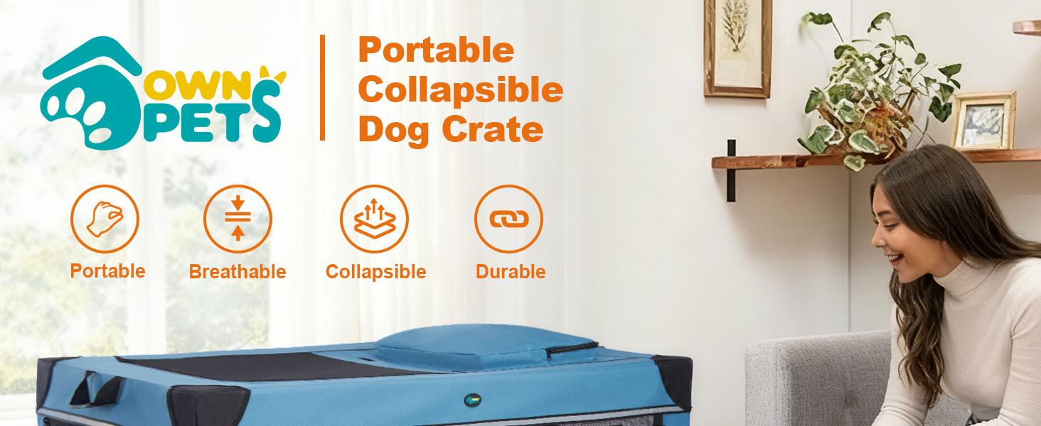 Складаний переносний вольєр для собак Ownpets XXL (122 см), блакитно-чорний, з м'якою підстилкою та міцними сітчастими вікнами