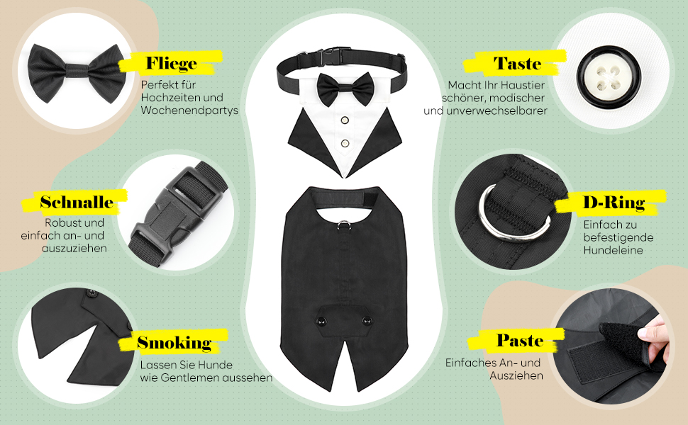 Елегантний костюм для собак Illumifun з краваткою та банданою, комплект для святкування, смокінг, жилет, сорочка, костюм для домашніх тварин знімний комірець (M)