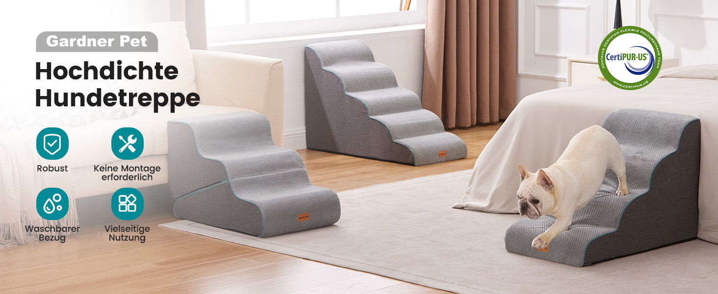 Східці для собак Garder Pet - 35/42 см, 3 сходинки, з високощільної піни, з водонепроникним антиковзким покриттям для ліжка, дивану, софи, сірі