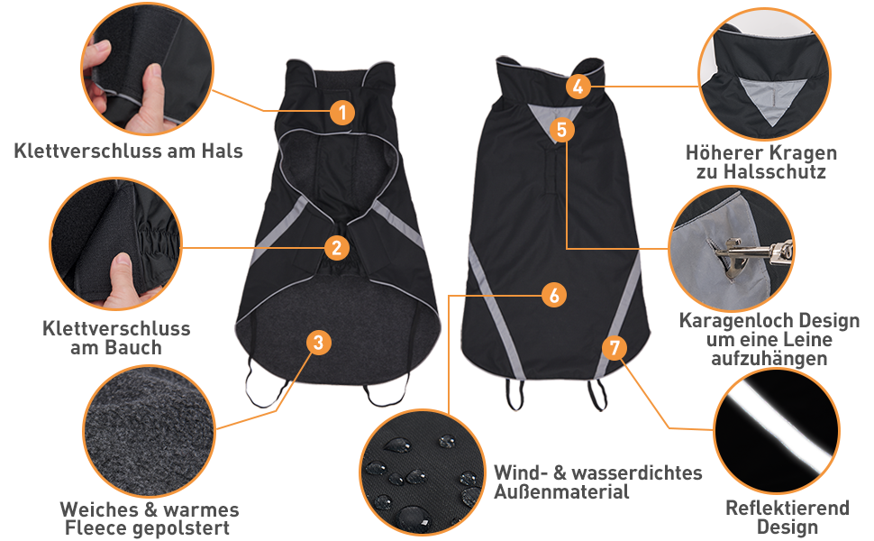 Водонепроникний собачий плащ/куртка з отвором для коміра, на липучках, з флісовою підкладкою, зі світловідбиваючими елементами, зимовий, для середніх та великих собак, чорний, 4XL, 1 шт.