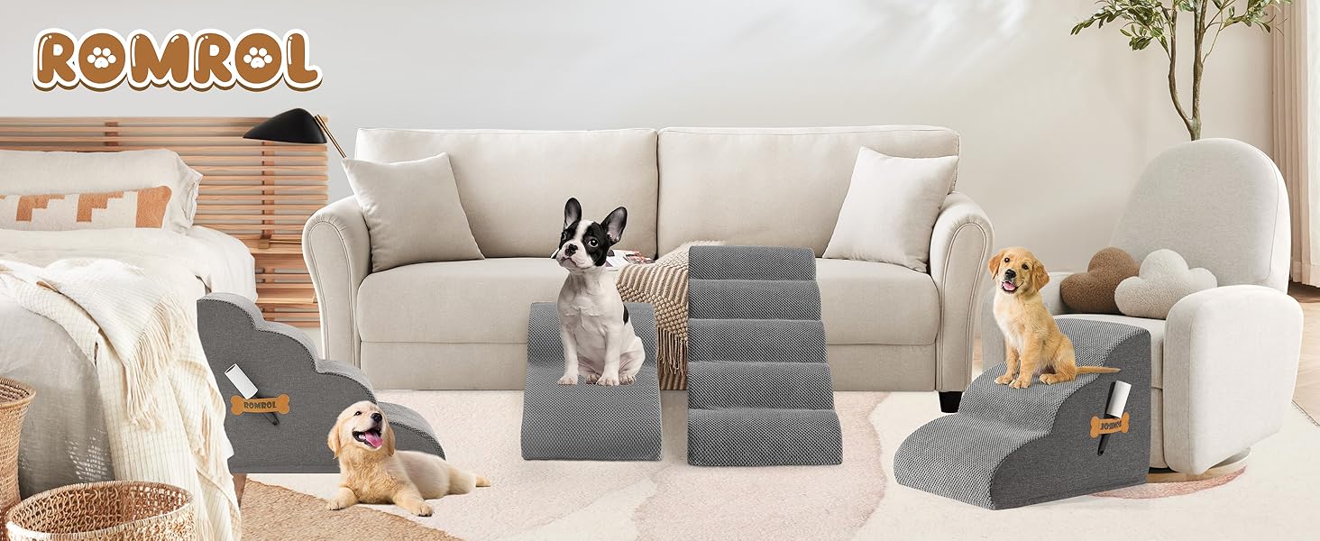 Сходинка для собак та котів Romrol, 3 сходинки, сіра – м'яка, з неслизьким покриттям, для захисту суглобів