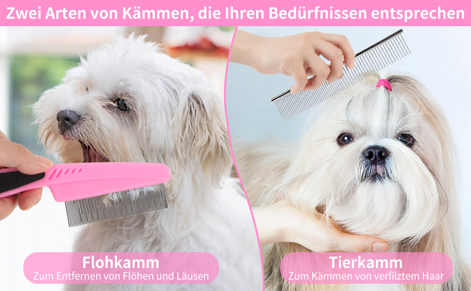 Набір для грумінгу собак та котів (9 шт.) - щітка для самостійного очищення, гребінець для видалення ковтунів, триммер для нігтів з напилком, гребінець від бліх, рукавичка для миття - професійний набір для догляду за шерстю для короткошерстих та довгошерстих тварин (рожевий)