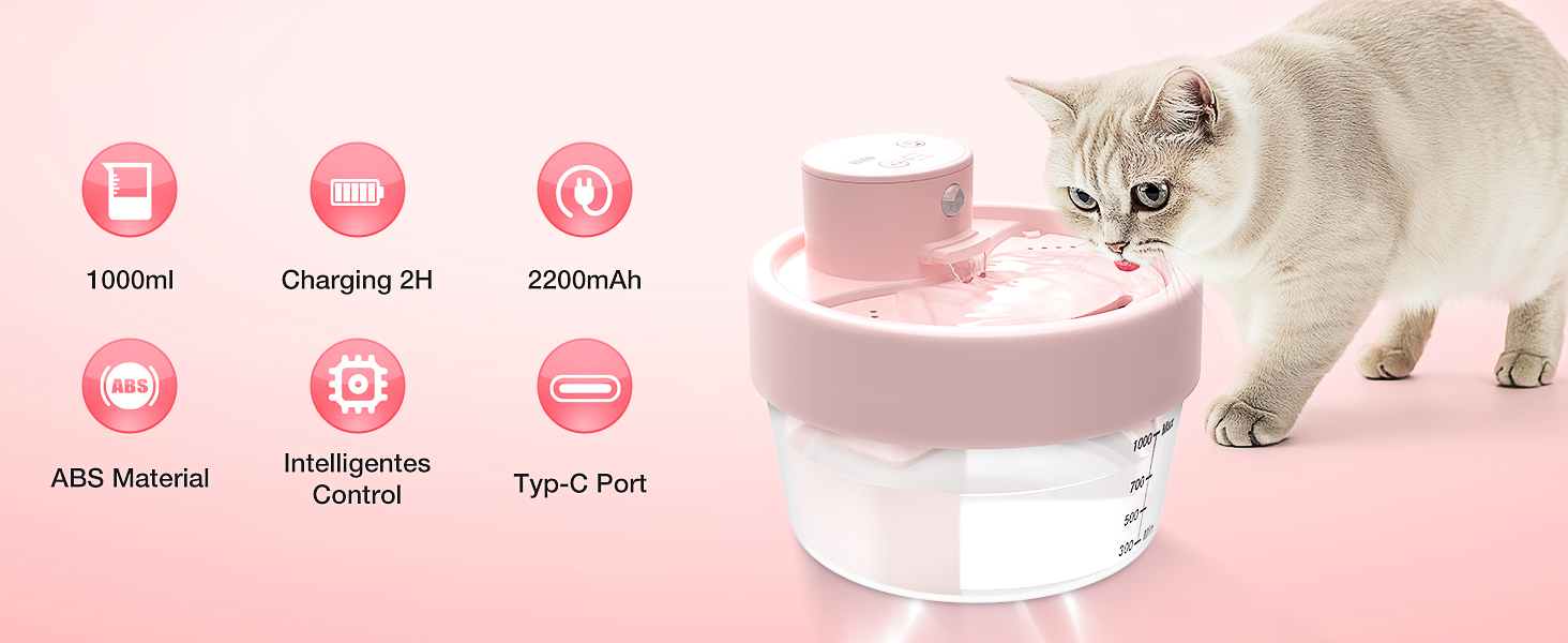 Джерело води для котів RUXAN, 2L, тихий, акумулятор 2200mAh, датчик руху, 3 режими, миска для води для кошенят та собак, білий (рожевий), поліестер